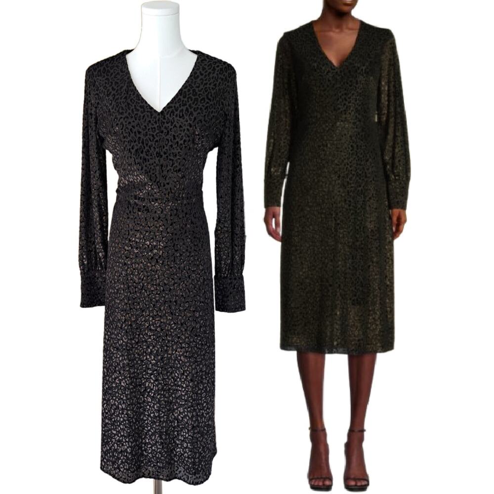 Elie Tahari Black Leopard Print Metallic Velvet Midi Dress Size 8 Long sleeve